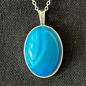 Blue Brazilian Agate Pendant with Sterling Silver Rolo Chain